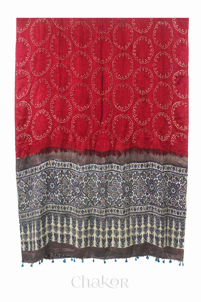 Red Brown Bandhani Ajrakh Silk Dupatta