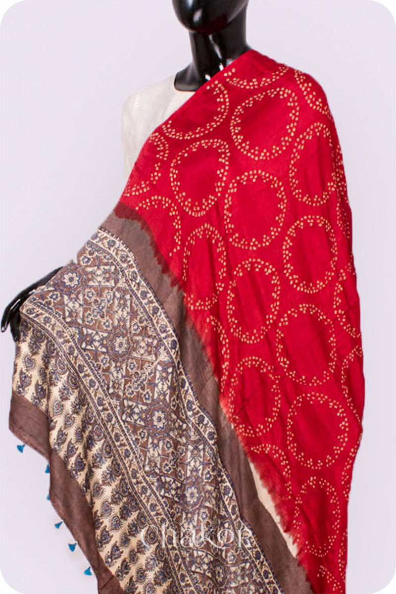 Red Brown Bandhani Ajrakh Silk Dupatta