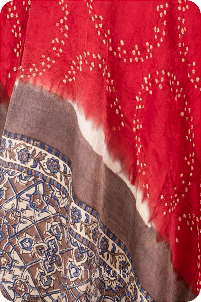 Red Brown Bandhani Ajrakh Silk Dupatta