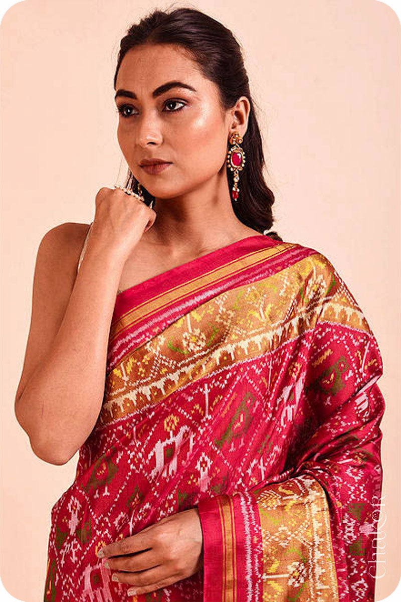 Golden & Red Designer Silk Saree – StylebyPanaaash