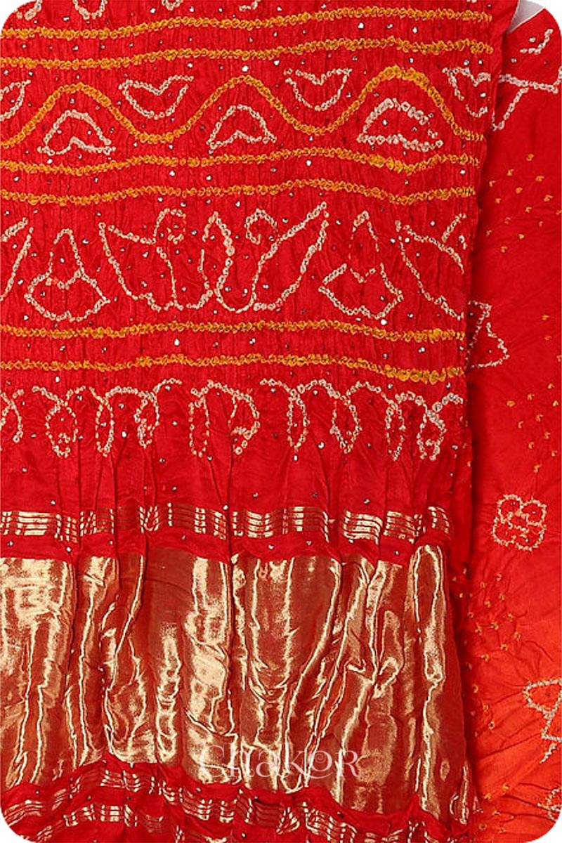 Chakor's traditional Orange Red bandhani pure silk saree with embroidery