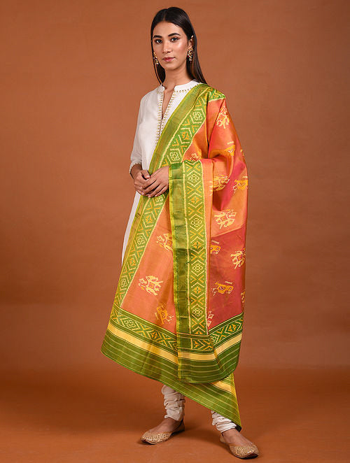 Orange Green Patola Mulberry Silk Dupatta