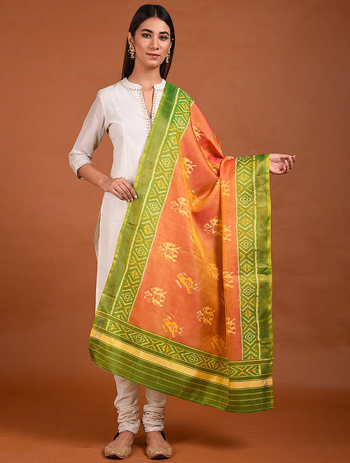 Orange Green Patola Mulberry Silk Dupatta