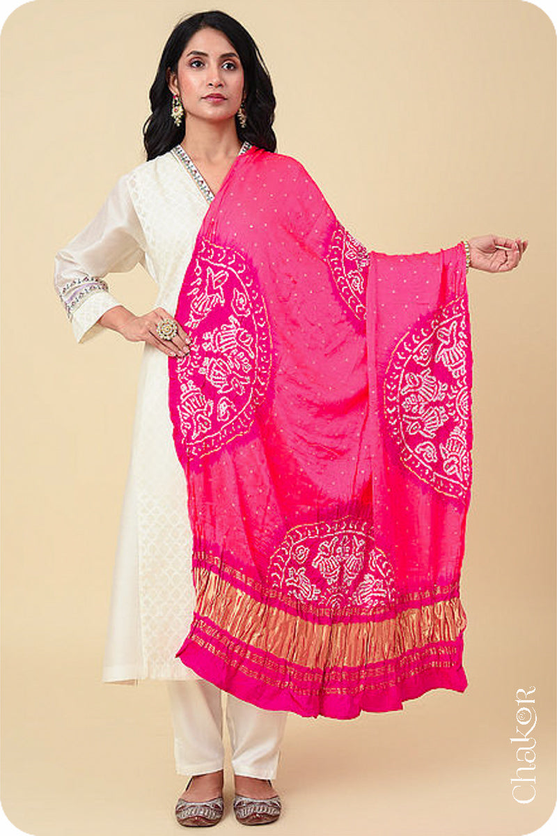 Peach Pink Bandhani Gaji Silk Dupatta