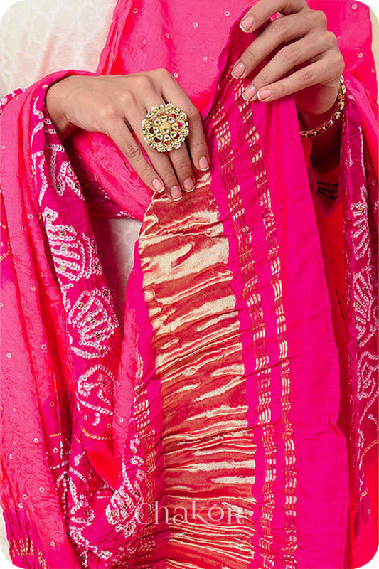 Peach Pink Bandhani Gaji Silk Dupatta