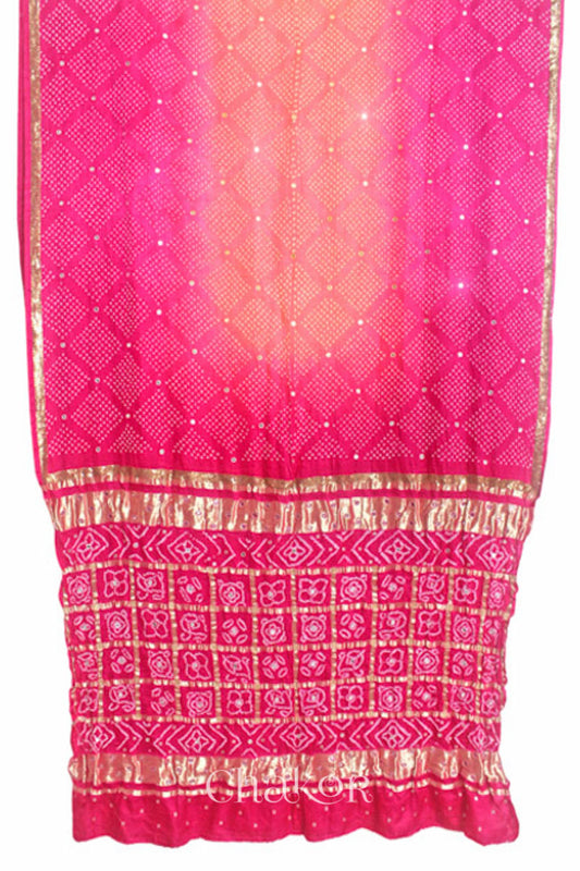 Chakor's traditional Peach Pink bandhani pure silk saree with sequins embroidery.