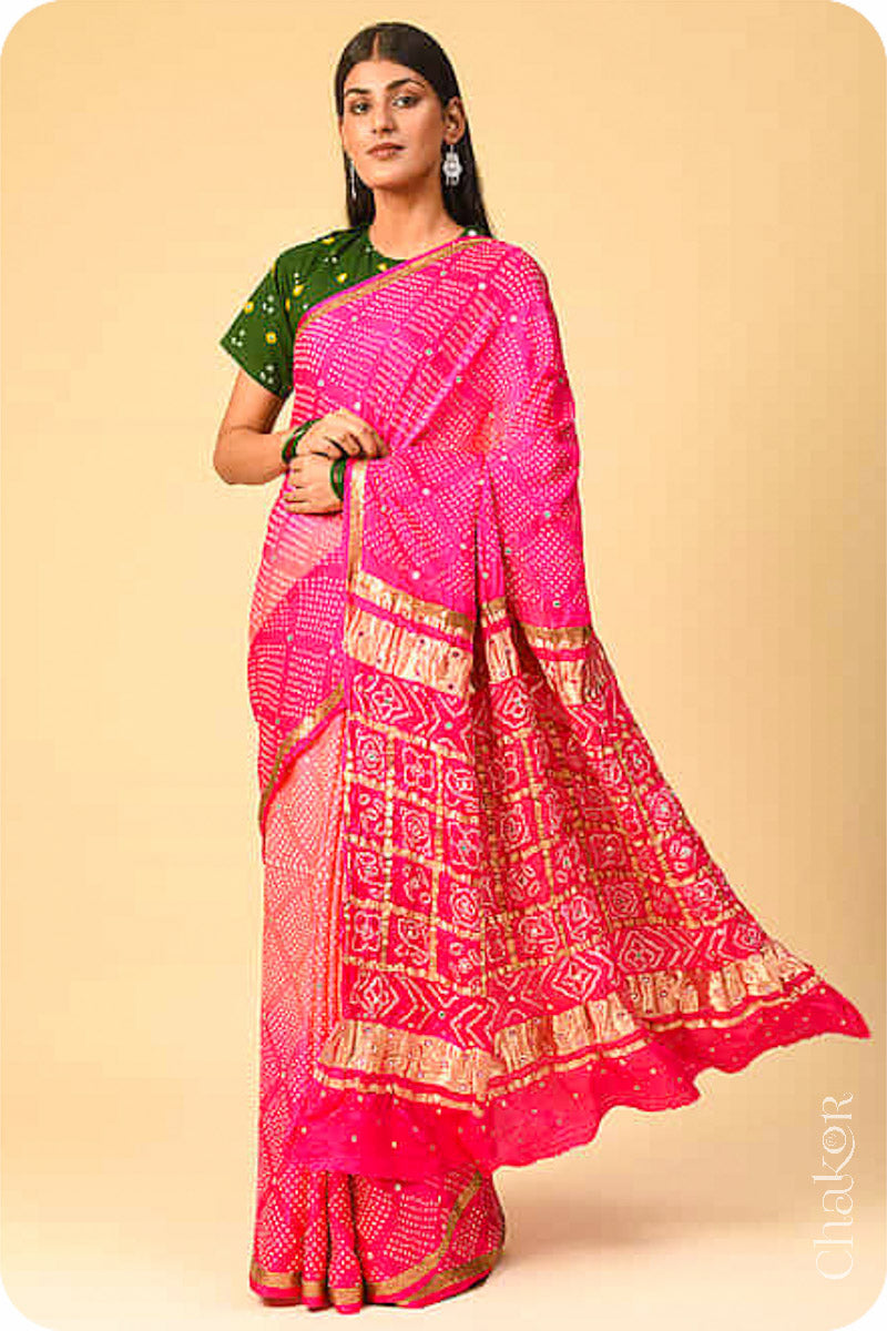 Chakor's traditional Peach Pink bandhani pure silk saree with sequins embroidery.