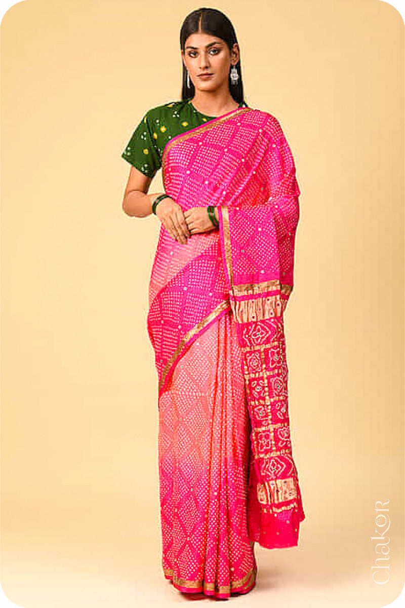 Chakor's traditional Peach Pink bandhani pure silk saree with sequins embroidery.