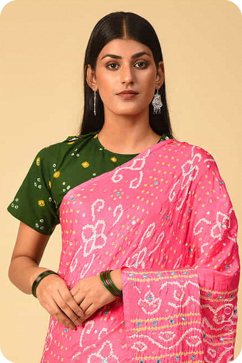 Chakor's traditional Pink bandhani pure silk saree with embroidery