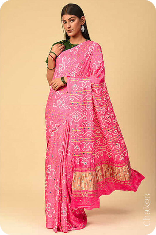 Chakor's traditional Pink bandhani pure silk saree with embroidery