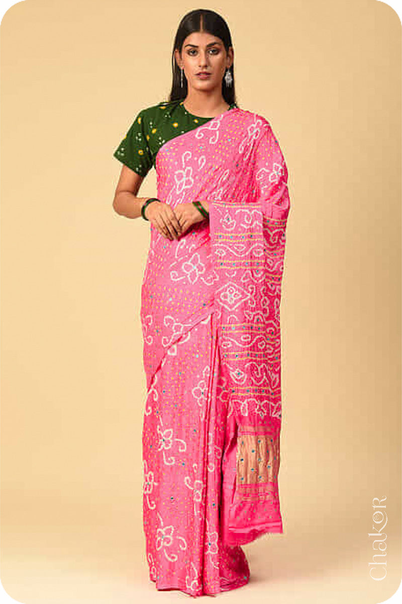 Chakor's traditional Pink bandhani pure silk saree with embroidery