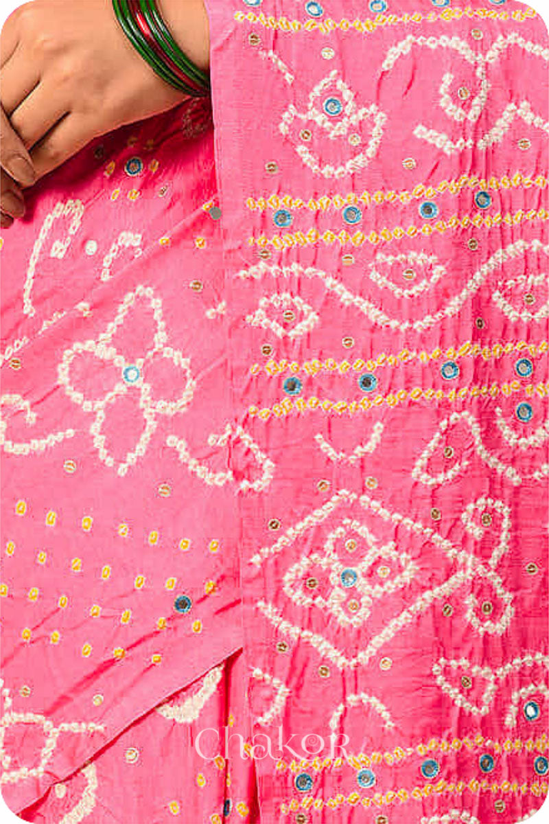 Chakor's traditional Pink bandhani pure silk saree with embroidery