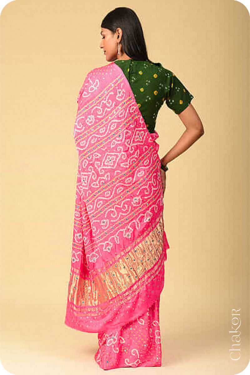 Chakor's traditional Pink bandhani pure silk saree with embroidery