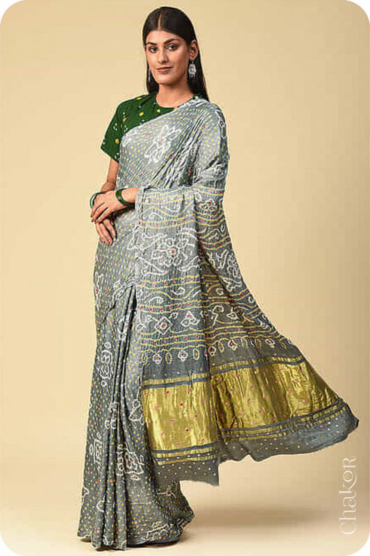 Chakor's traditional Grey bandhani pure silk saree with mirror embroidery.