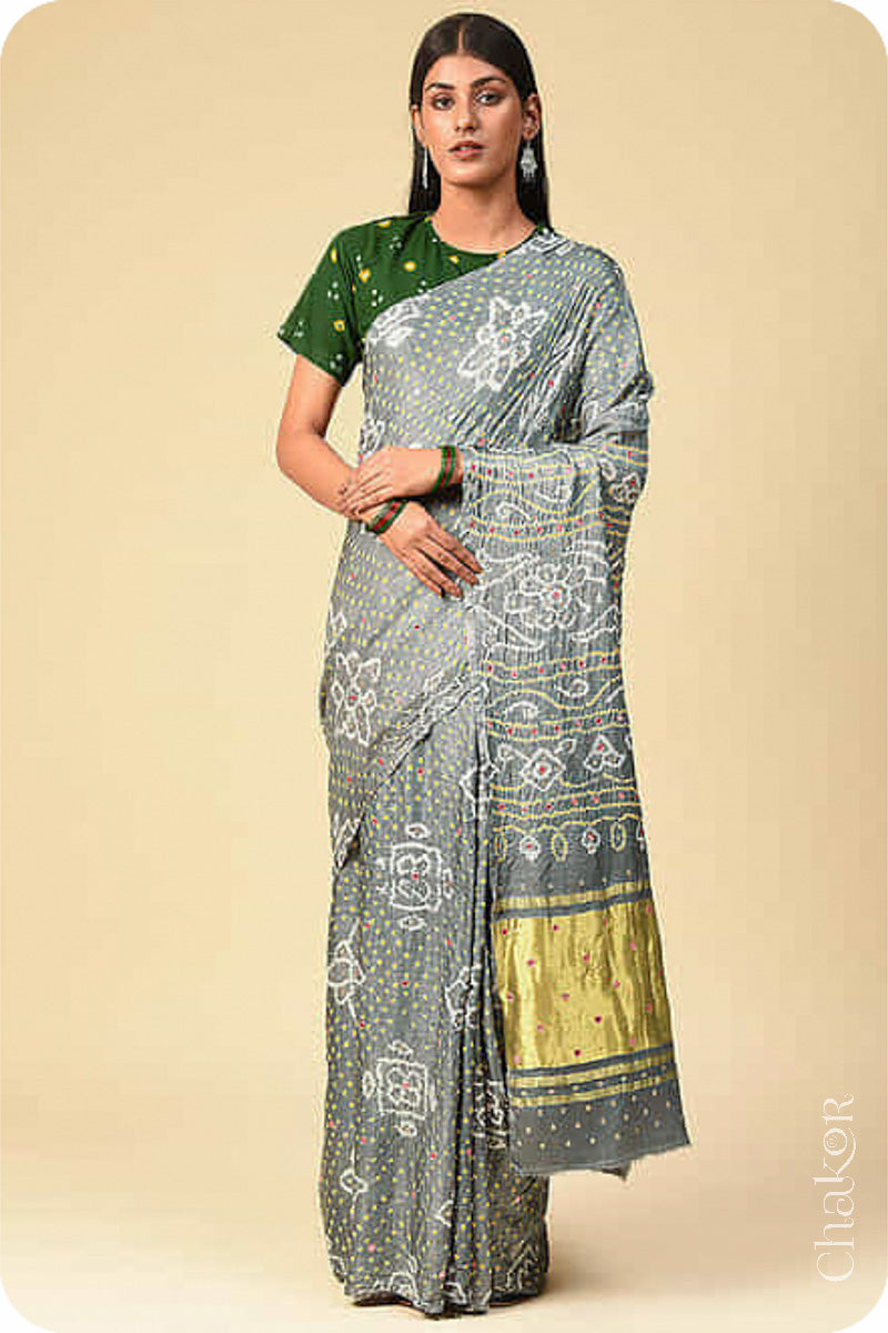 Chakor's traditional Grey bandhani pure silk saree with mirror embroidery.