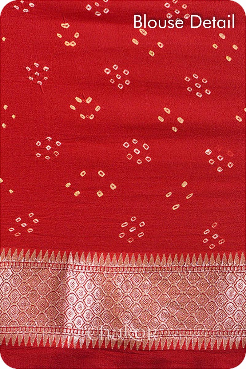 Chakor's traditional Red bandhej banarasi silk handloom saree.