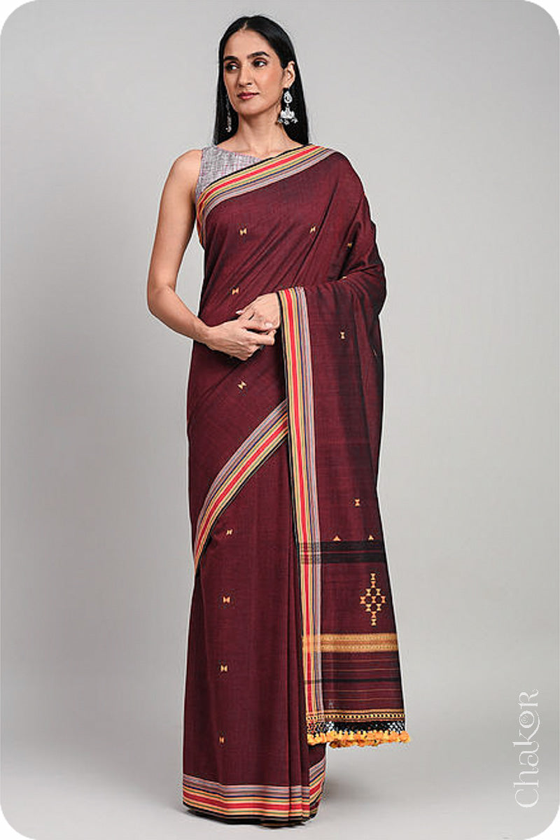 Handloom Maroon Bhujodi Cotton Saree by Chakor.