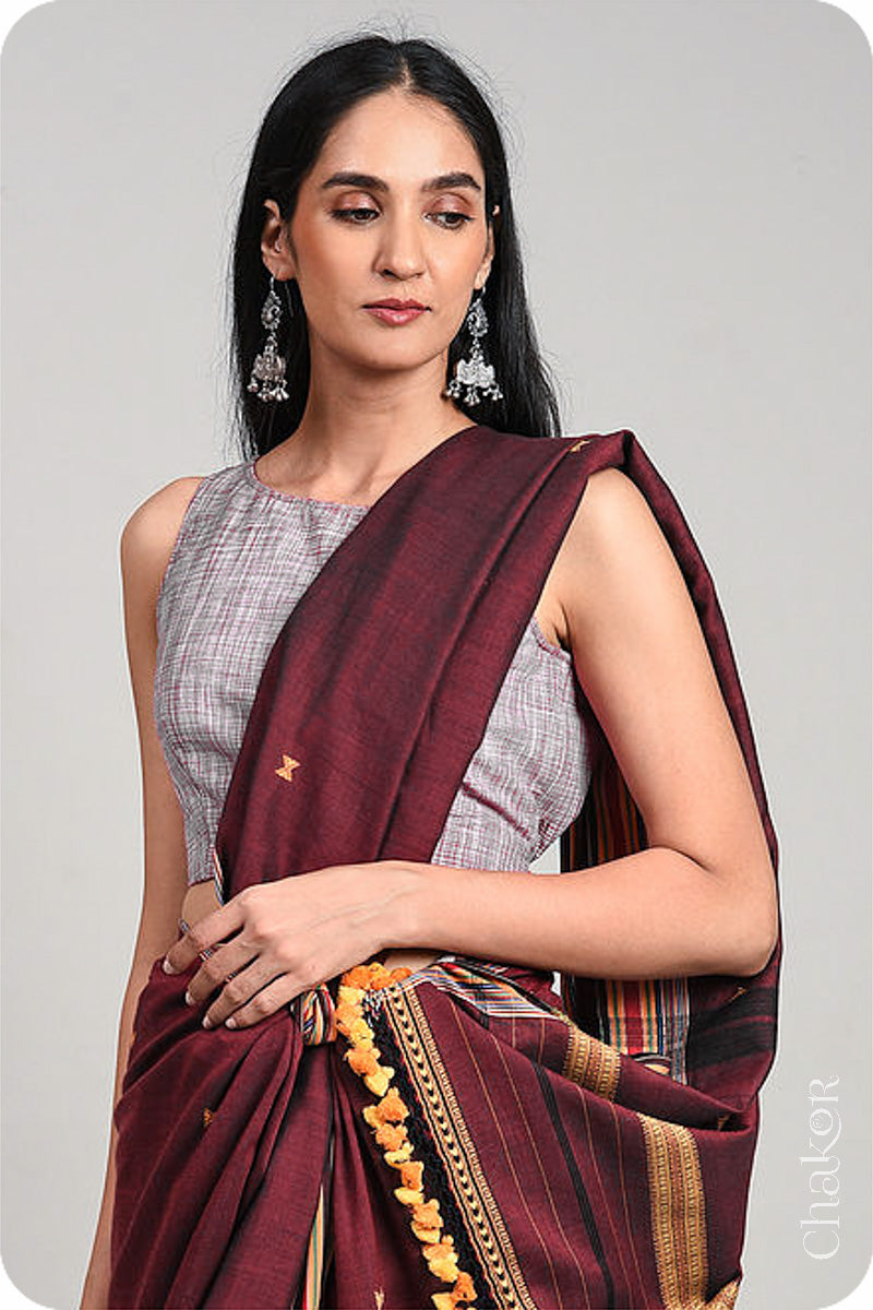 Handloom Maroon Bhujodi Cotton Saree by Chakor.