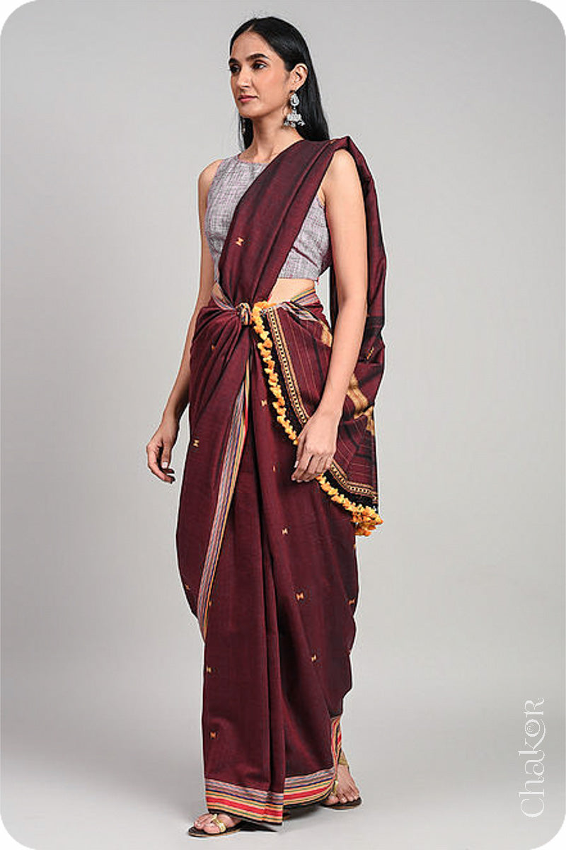 Handloom Maroon Bhujodi Cotton Saree by Chakor.