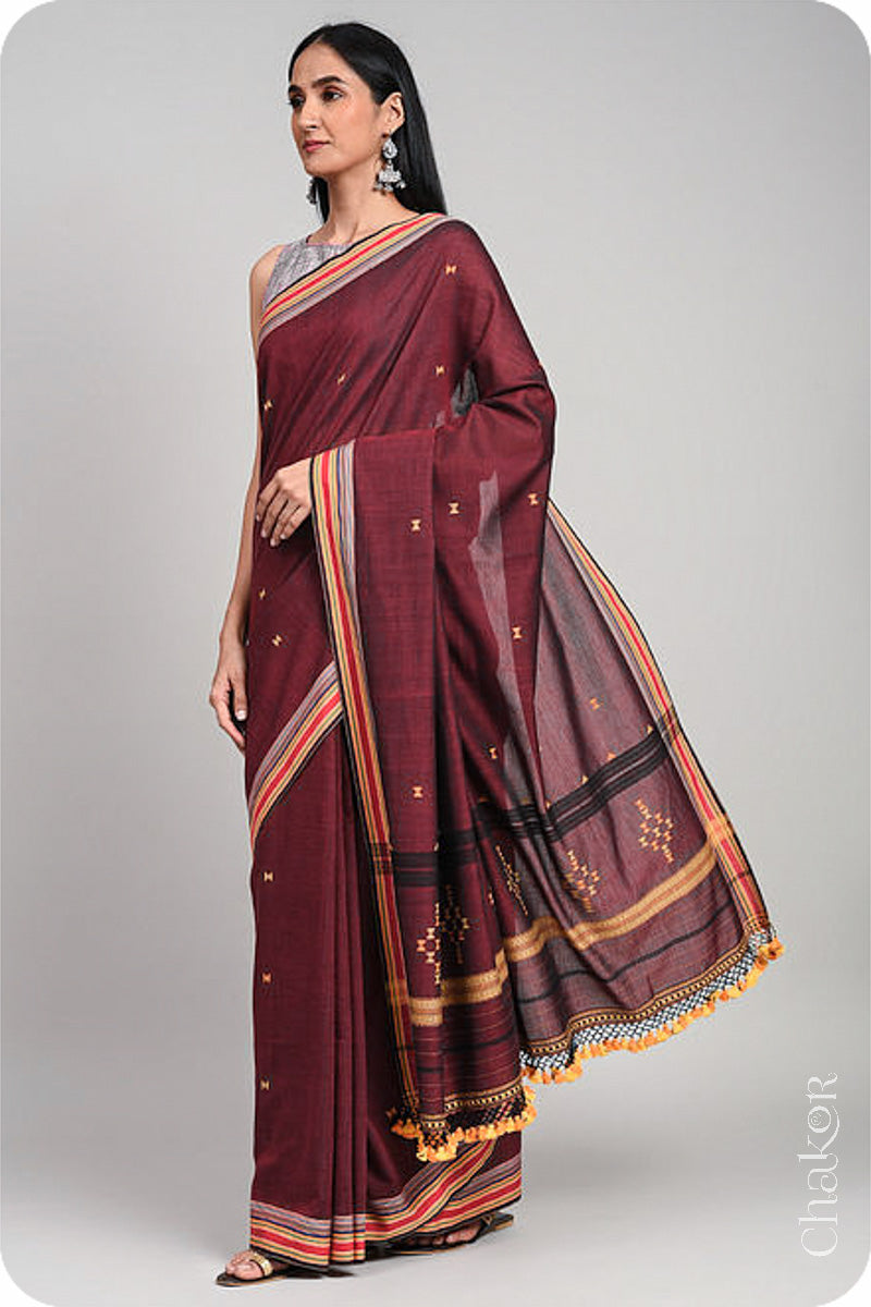 Handloom Maroon Bhujodi Cotton Saree by Chakor.