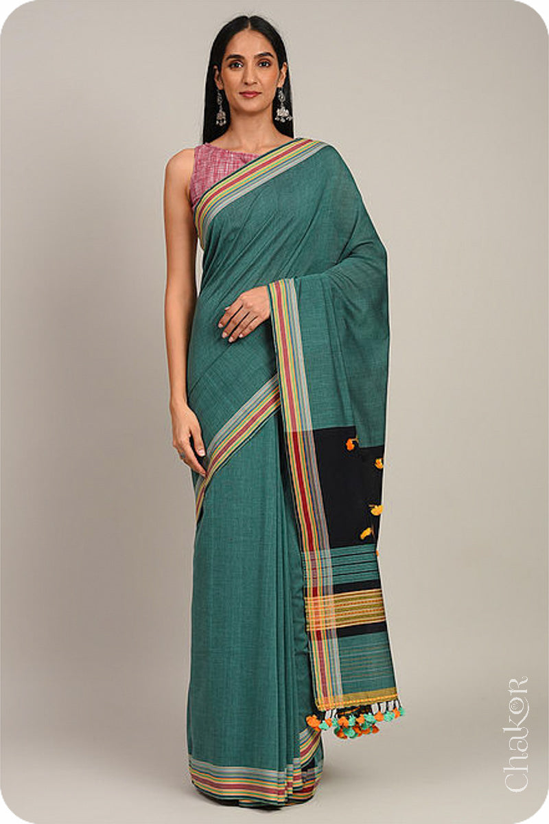 Handloom Teal Black Bhujodi Cotton Saree by Chakor.