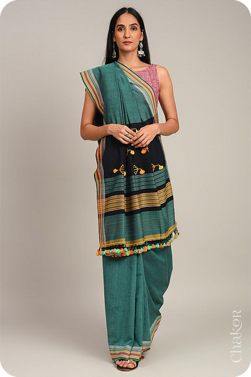 Handloom Teal Black Bhujodi Cotton Saree by Chakor.