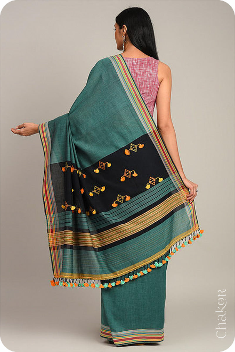 Handloom Teal Black Bhujodi Cotton Saree by Chakor.