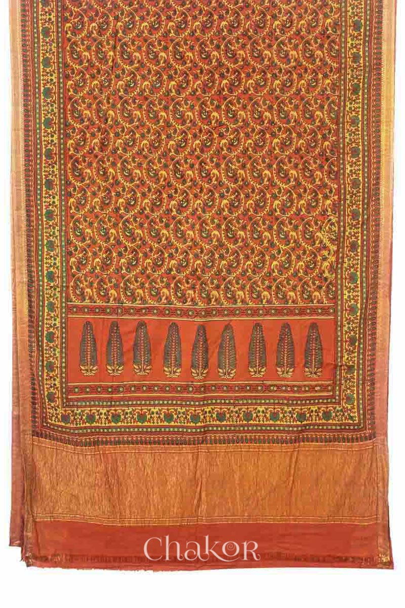 Chakor's Natural Dyed Rust Ajrakh Mangalgiri Cotton Saree.