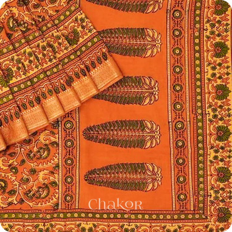 Chakor's Natural Dyed Rust Ajrakh Mangalgiri Cotton Saree.