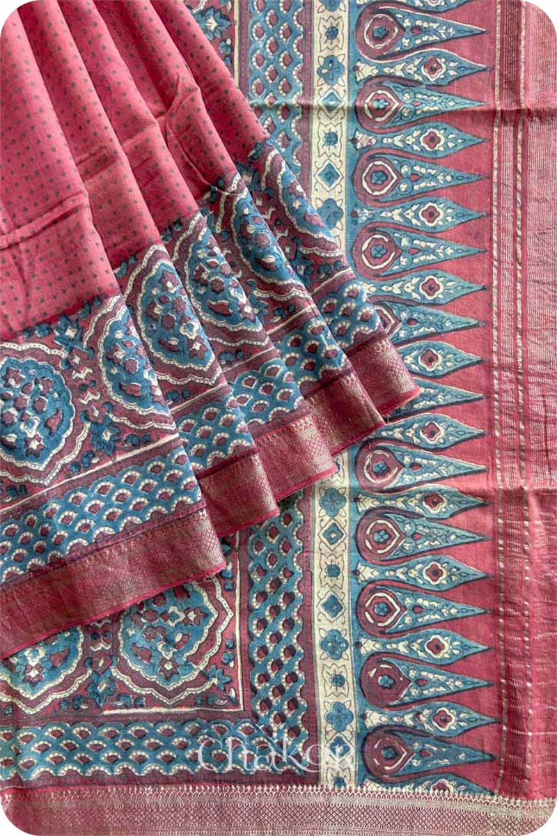 Chakor's Natural Dyed Pink Ajrakh Mangalgiri Cotton Saree.