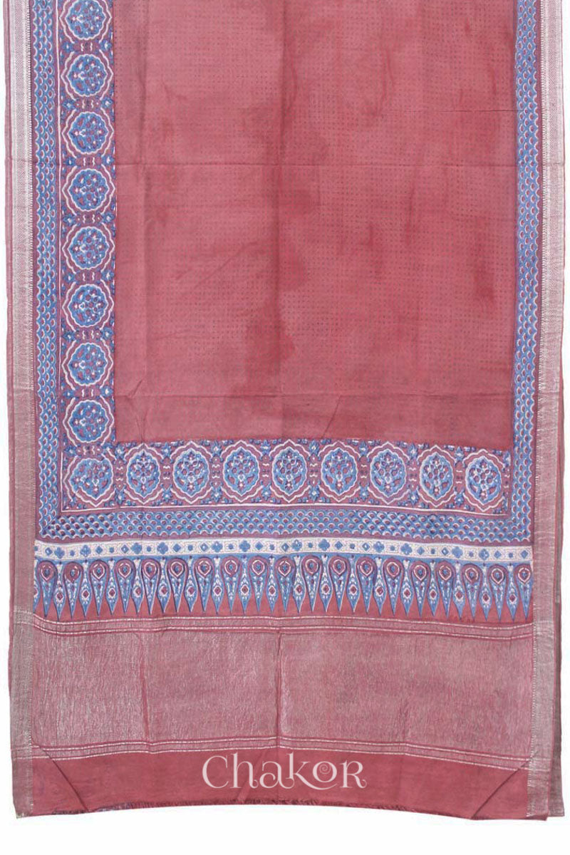 Chakor's Natural Dyed Pink Ajrakh Mangalgiri Cotton Saree.