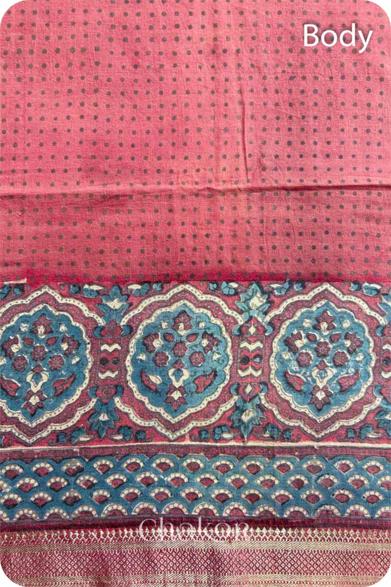 Chakor's Natural Dyed Pink Ajrakh Mangalgiri Cotton Saree.