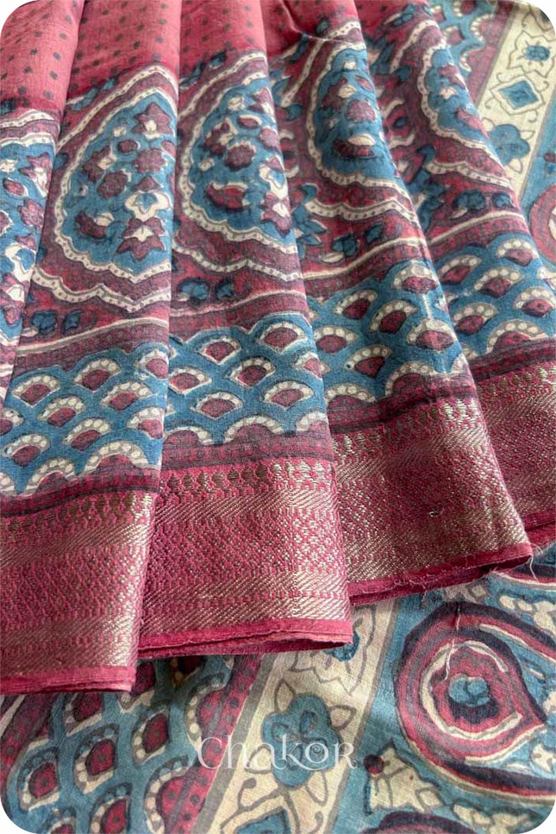 Chakor's Natural Dyed Pink Ajrakh Mangalgiri Cotton Saree.