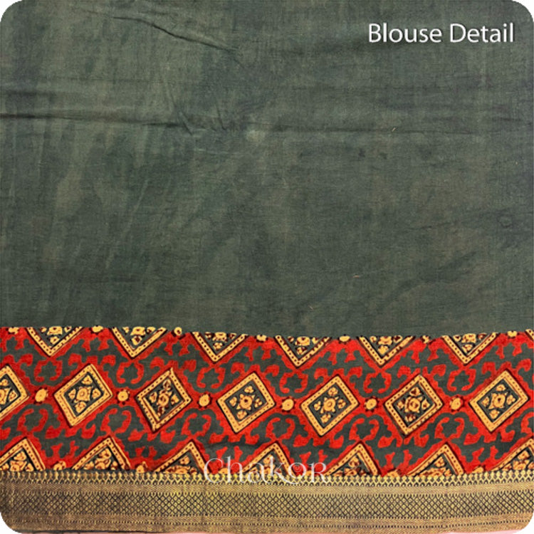 Chakor's Natural Dyed Green Ajrakh Mangalgiri Cotton Saree.