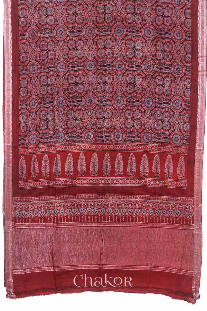 Chakor's Natural Dyed Madder Red Ajrakh Mangalgiri Cotton Saree.