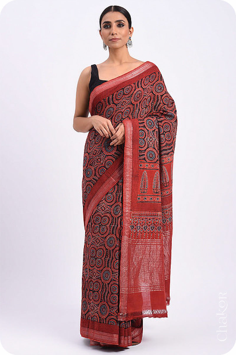 Chakor's Natural Dyed Madder Red Ajrakh Mangalgiri Cotton Saree.