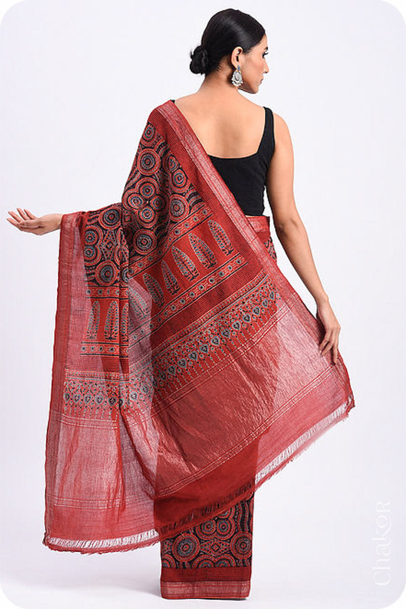 Chakor's Natural Dyed Madder Red Ajrakh Mangalgiri Cotton Saree.