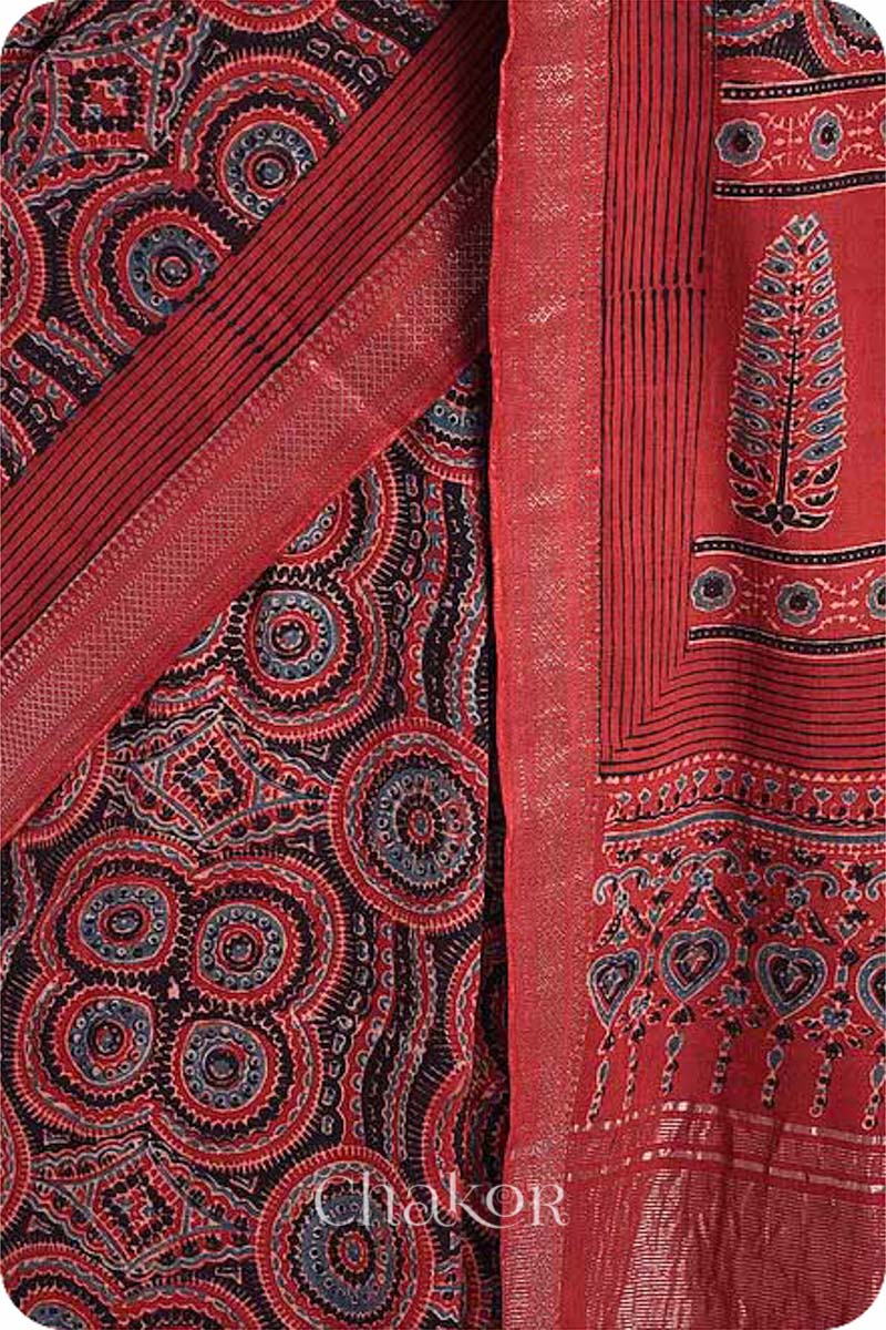 Chakor's Natural Dyed Madder Red Ajrakh Mangalgiri Cotton Saree.