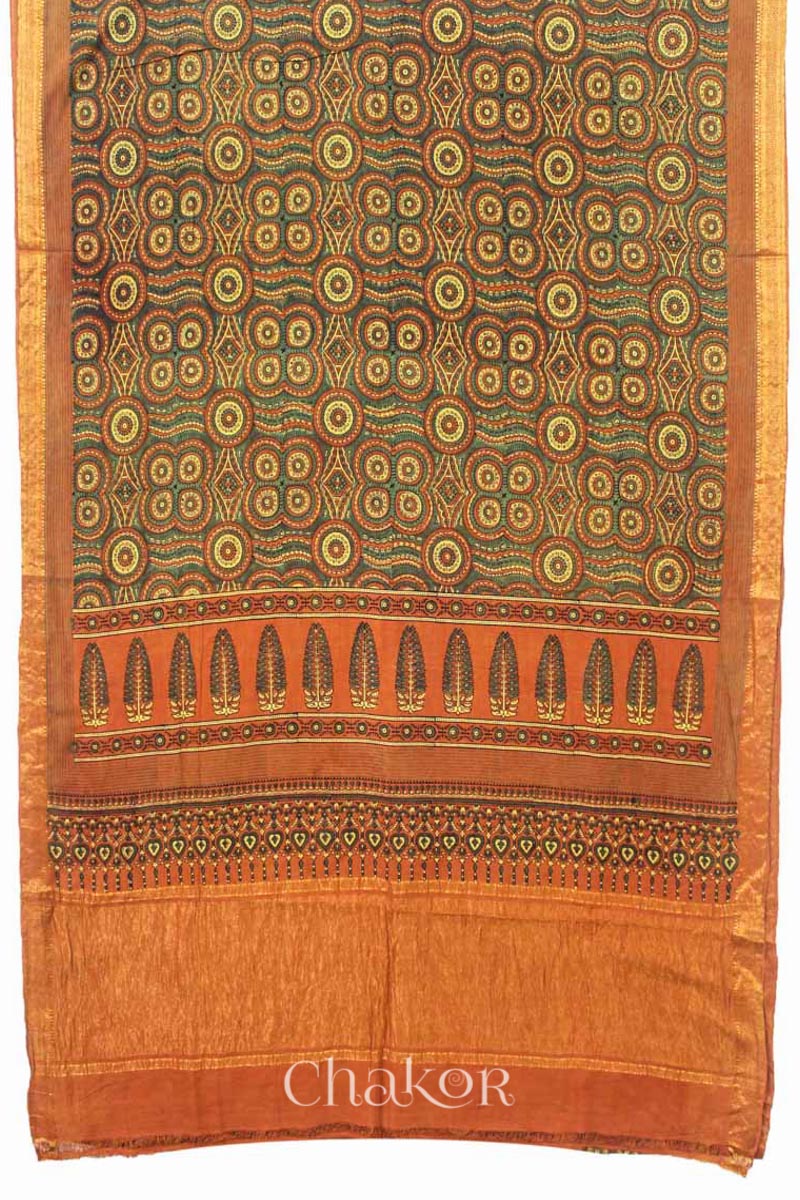 Chakor's Natural Dyed Rust Ajrakh Mangalgiri Cotton Saree.