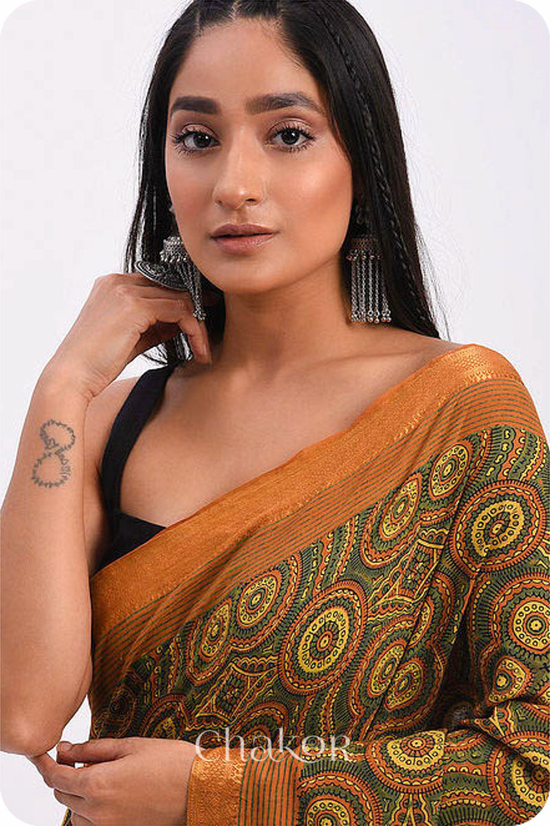 Chakor's Natural Dyed Rust Ajrakh Mangalgiri Cotton Saree.