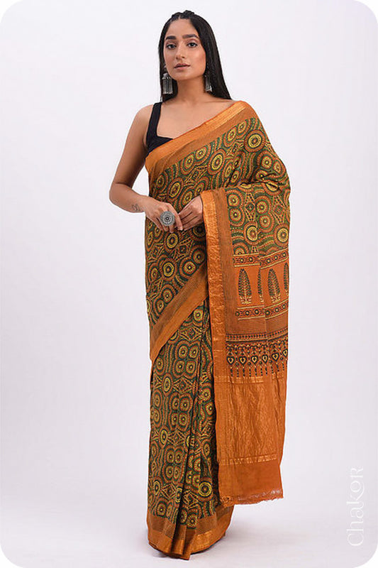 Chakor's Natural Dyed Rust Ajrakh Mangalgiri Cotton Saree.