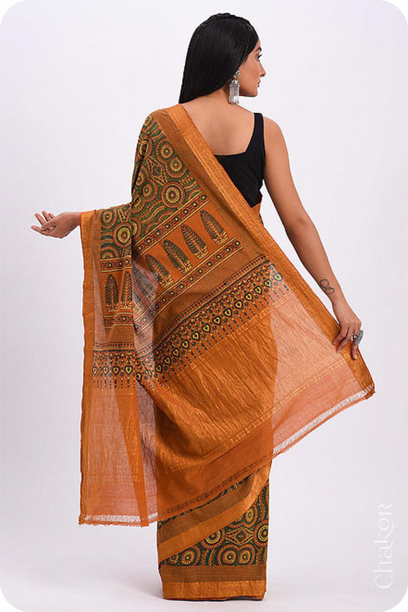 Chakor's Natural Dyed Rust Ajrakh Mangalgiri Cotton Saree.