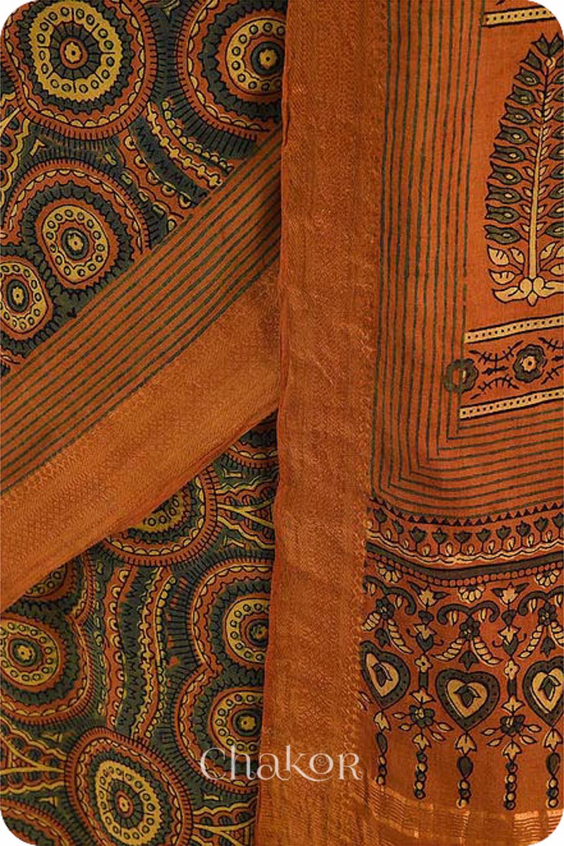 Chakor's Natural Dyed Rust Ajrakh Mangalgiri Cotton Saree.