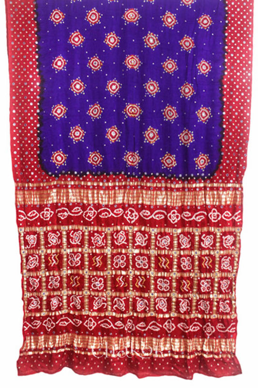 Chakor's traditional Purple Red bandhani pure silk saree with sequins & mirror embroidery.