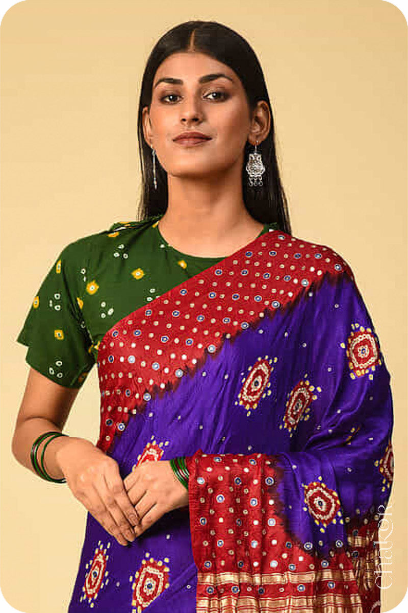 Chakor's traditional Purple Red bandhani pure silk saree with sequins & mirror embroidery.