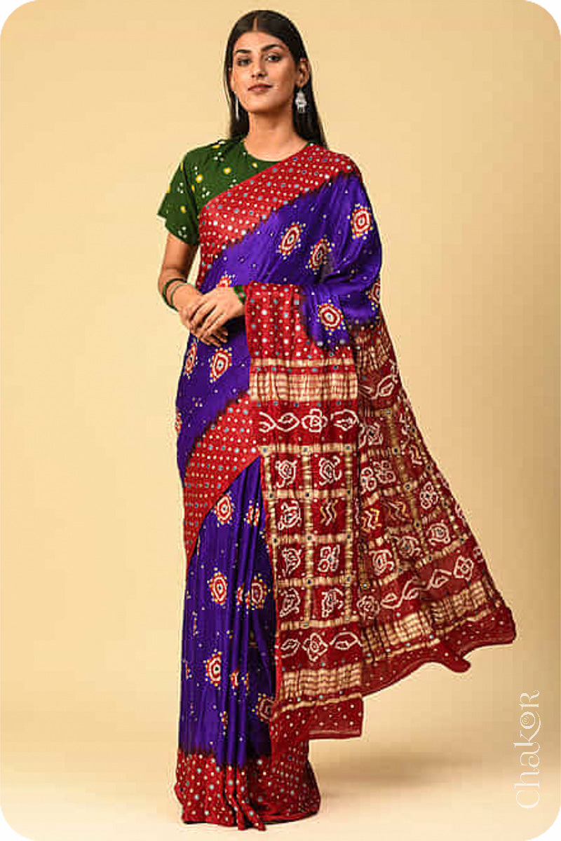 Chakor's traditional Purple Red bandhani pure silk saree with sequins & mirror embroidery.