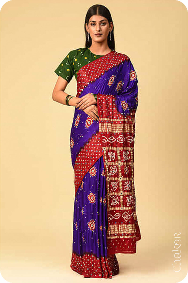 Chakor's traditional Purple Red bandhani pure silk saree with sequins & mirror embroidery.