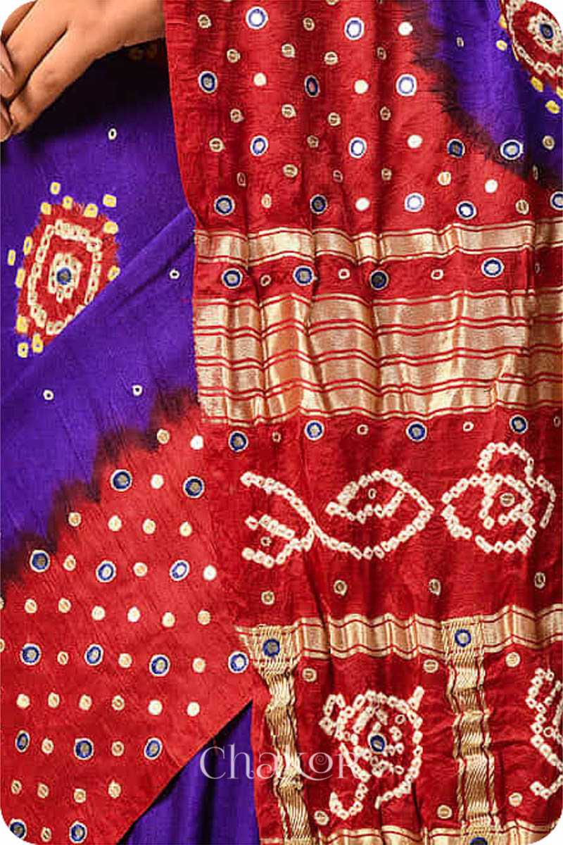 Chakor's traditional Purple Red bandhani pure silk saree with sequins & mirror embroidery.