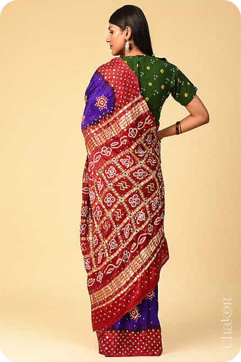 Chakor's traditional Purple Red bandhani pure silk saree with sequins & mirror embroidery.