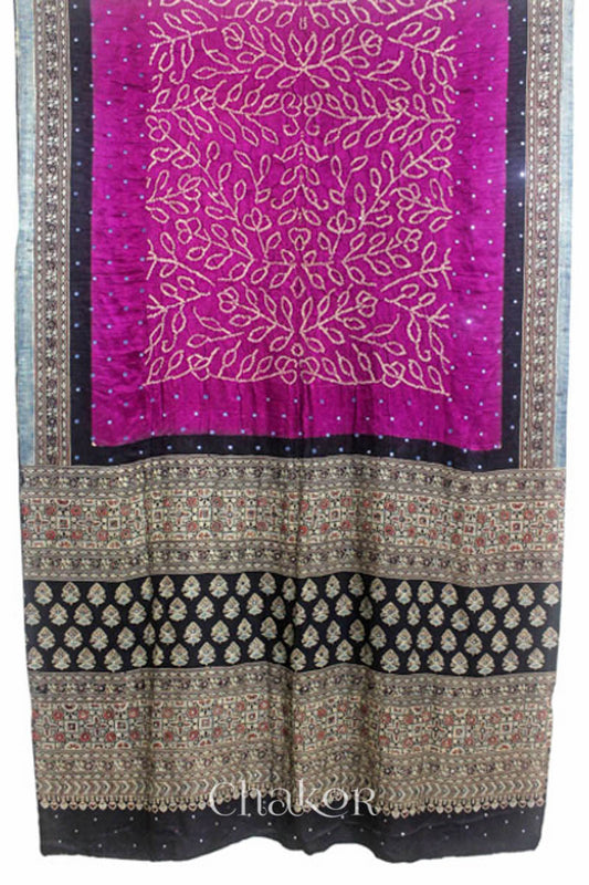 Chakor's traditional Magenta Black bandhani ajrakh pure silk saree with mirror embroidery.